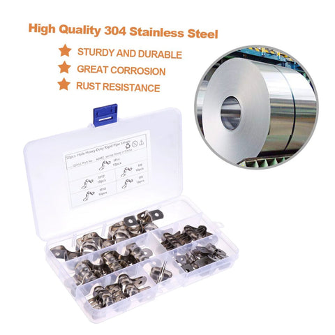 Pro Grade Heavy Duty Stainless Steel U Clamp Pipe Repair Kit 50 Pack with open box showing multiple compartments, stainless steel roll.