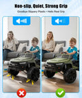 Power Wheels Rubber Tire Upgrade Kit 2 Pack for Kids Electric Ride On Cars, before and after installing rubber tires.