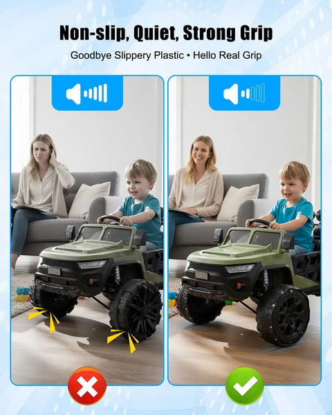 Power Wheels Rubber Tire Upgrade Kit 2 Pack for Kids Electric Ride On Cars, before and after installing rubber tires.