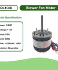 Direct Drive Blower Fan Motor Half HP 115V 1075 RPM 1 Phase 60 Hz 3 Speed Easy Swap Direct Replacement for AO Smith 1056 Fasco D701 GE 3587 Marathon X004 Emerson 1865 with 10uF Capacitor, 5-5/8 in motor