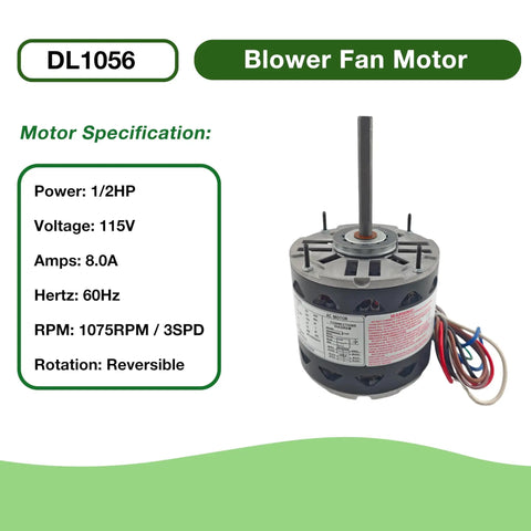 Direct Drive Blower Fan Motor Half HP 115V 1075 RPM 1 Phase 60 Hz 3 Speed Easy Swap Direct Replacement for AO Smith 1056 Fasco D701 GE 3587 Marathon X004 Emerson 1865 with 10uF Capacitor, 5-5/8 in motor