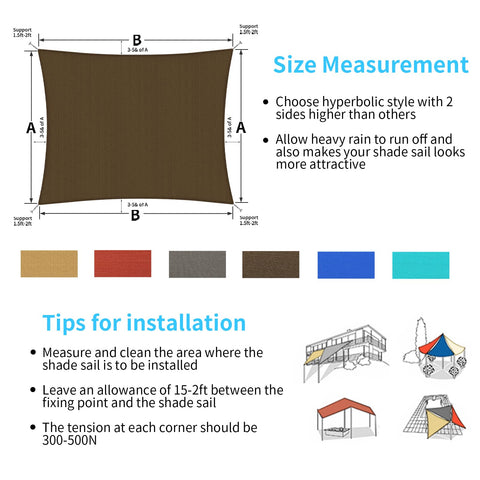Diagram showing 11 By 17 Foot Mocha Sun Shade Sail Rectangle Canopy Shade Cloth UV Resistant Patio Pergola Cover HDPE installation.