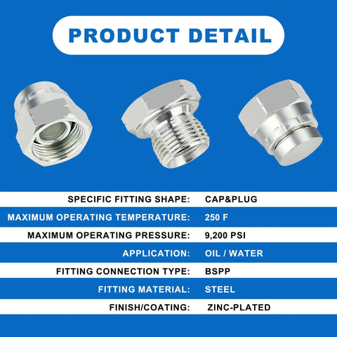 56 Piece BSPP Hydraulic Hose Caps And Plugs Kit For Sizes 2 4 6 8 10 12 16 With Reliable Sealing, Durable Fitment, And Universal Hydraulic Fittings displayed with product specifications.