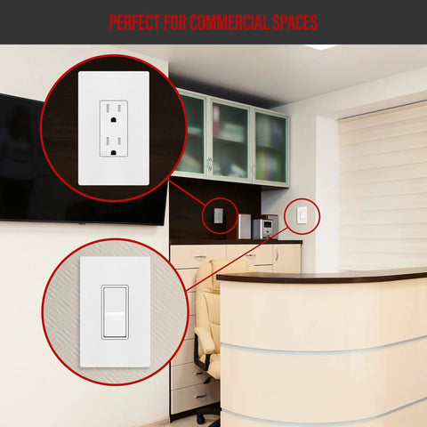 Screwless Decorator Wall Plate 1-Gang White Gloss Finish Outlet Cover installed in modern office space.
