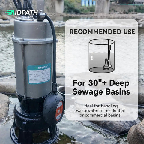 1HP Submersible Sewage Grinder Pump With Dual Stage Grinding, Stainless Steel Housing in outdoor setting, 115V, 52.5 Ft Head