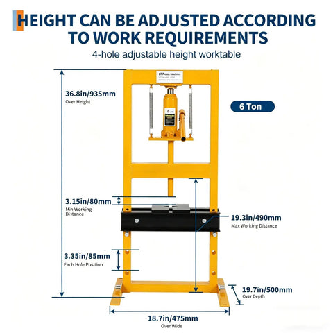 Heavy Duty 6 Ton Hydraulic Shop Press With Sturdy H Frame Design, 4-hole adjustable height worktable for metalworking.