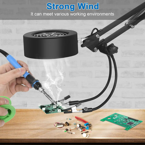 3 In 1 Solder Fume Extractor Smoke Absorber Fan Lamp With 2 Helping Hands in use at electronic workstation.