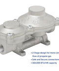 Flame King 2-stage vertical propane regulator for RVs, three-quarter front view, 160,000 BTU/hr, metal finish