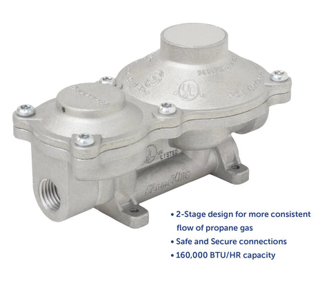Flame King 2-stage vertical propane regulator for RVs, three-quarter front view, 160,000 BTU/hr, metal finish