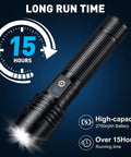Insanely Bright 99,000 Lumen Rechargeable LED Flashlight Two Pack highlighting 15-hour runtime feature
