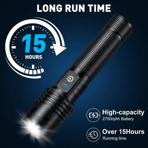 Insanely Bright 99,000 Lumen Rechargeable LED Flashlight Two Pack highlighting 15-hour runtime feature