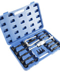 Top view of blue KUNTEC bearing race puller and seal extractor kit with slide hammer in plastic case