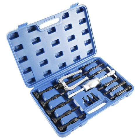 Top view of blue KUNTEC bearing race puller and seal extractor kit with slide hammer in plastic case