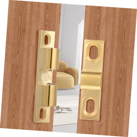 Heavy Duty Cabinet Latches Set 24 Pcs Golden Finish Brass Ball Tension Latches on wooden door, close-up view.