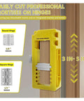 Heavy Duty Door Hinge Routing Template Fits Three To Five Inch Hardware For One Point Three Eighths Inch Or Three Quarters Inch Thick Boards, yellow jig with round and square hinge inserts.