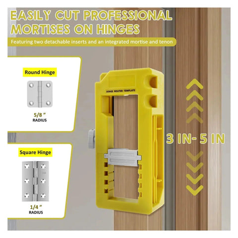 Heavy Duty Door Hinge Routing Template Fits Three To Five Inch Hardware For One Point Three Eighths Inch Or Three Quarters Inch Thick Boards, yellow jig with round and square hinge inserts.