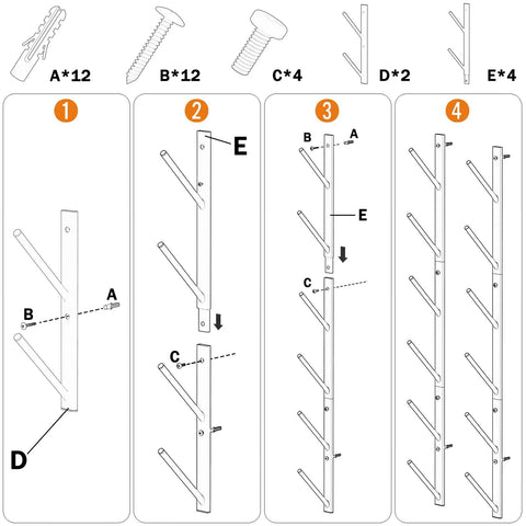Hella Sturdy Skateboard Wall Mount With Six Tier Display Rack To Store Longboards Skis And Snowboards assembly guide with labeled parts.