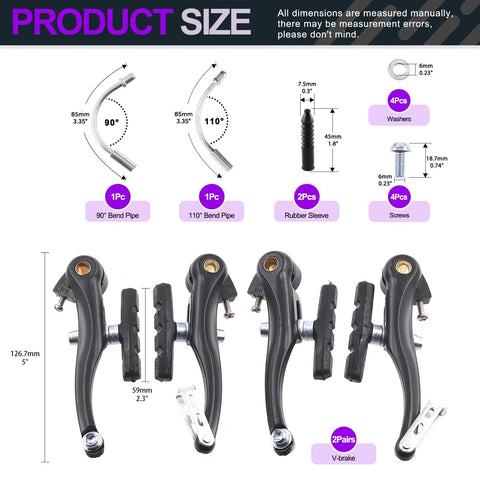 16 Piece Complete Bike Brake Set With Calipers Levers Cables featuring 2 pairs of V-brakes and mounting hardware dimensions in chart