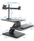 Standing Desk Converter With Dual Monitor Mount And Large Keyboard Tray, Sit Stand Riser, adjustable height with dimensions, black