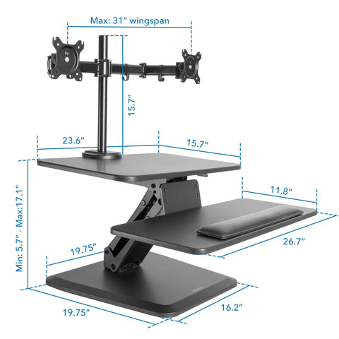 Standing Desk Converter With Dual Monitor Mount And Large Keyboard Tray, Sit Stand Riser, adjustable height with dimensions, black
