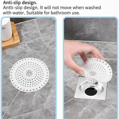 Universal Five Inch Silicone Shower Drain Hair Catcher shown in anti-slip design, easily fitting over standard bathroom drain.