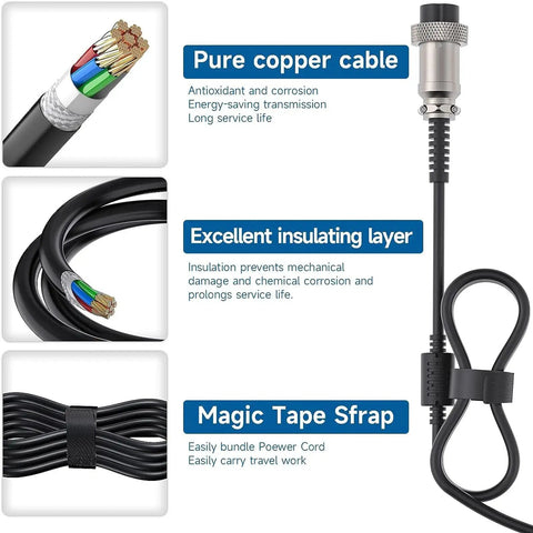 Beefy 24V 2A DC Battery Charger components with pure copper cable, insulating layer, and Magic Tape Strap for scooters and bikes