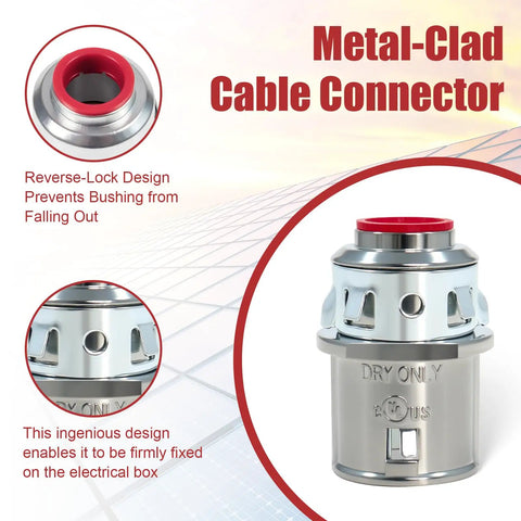 Heavy Duty Zinc MC Cable Connectors 35 Pack Snap In Mounting For One Half Inch Knockouts showing metal-clad design with reverse-lock feature.