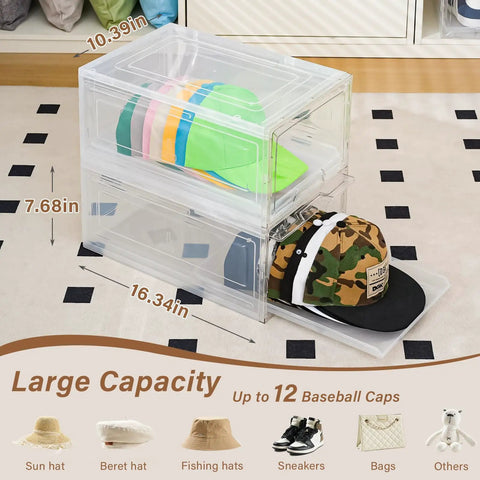 Sleek Stackable Clear Hat Organizer Two Pack With Smooth Glide Drawers holds a dozen baseball caps in transparent boxes.