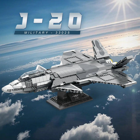 J20 Stealth Fighter Building Block Set For Adults flying above clouds, showcasing military aircraft model kit completion.