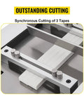 Fully Automatic Heat Shrink Tube Cutter With 250W Electric Blade And Micro Computer Control For Precision Cutting Of Sleeve Rubber Cable Pipe And Film Great For Electronics And Auto Parts Projects In Stainless Steel Build showing synchronous cutting feature with three tape guides.