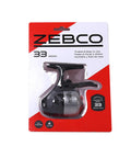 MicroFine Dial-Adjustable Drag Spincast Fishing Reel With Dope Bite Alert And No-Tangle Design in packaging, silver and black.