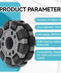 Front view of a 100mm omni-directional wheel replacement with 18 black rollers on a gray hub