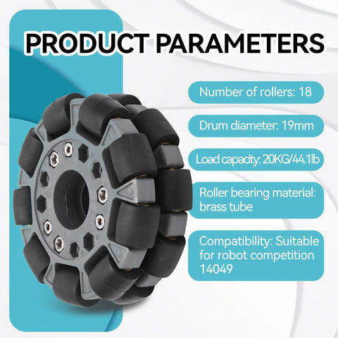 Front view of a 100mm omni-directional wheel replacement with 18 black rollers on a gray hub