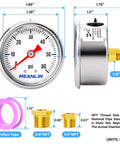 Stainless Steel Liquid Filled Pressure Gauge 0 to 60 Psi 1.5 Inch Dial 1 8 NPT Back Mount Includes Quarter Inch And Three Eighth Inch NPT Hex Bushings