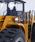 Close-up of Powerful 1 To 14 Scale RC Wheel Loader with 2 Point 4G Remote, showcasing LED lights and alloy cab detail.