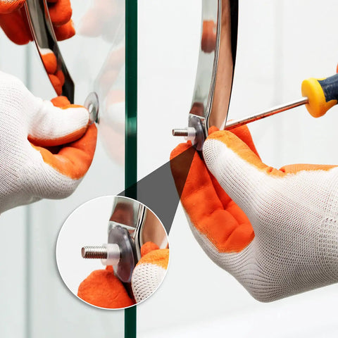 Installation of glass shower door handle using clear plastic washers three quarters inch spacers one sixteenth inch thick twenty pack