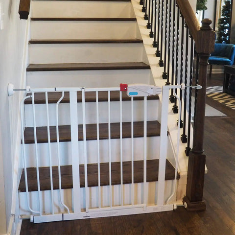Stair gate with Extra Long Banister Adapter Y Spindle Rods 8mm for banisters and wall corners, white, pressure mounted