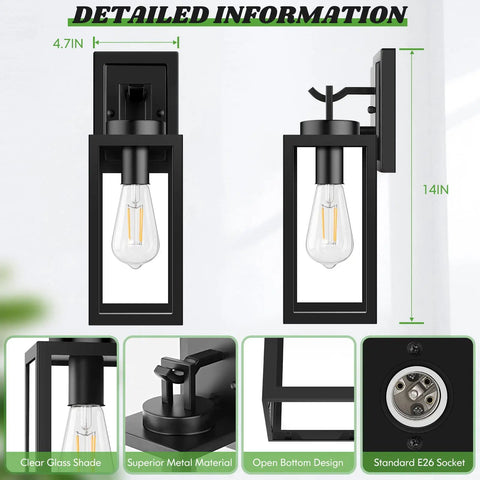 2 Pack Outdoor Wall Light Fixtures Exterior Waterproof Anti Rust Glass Shades Matte Black Porch Sconces For Patio Front Door Garage Wall Mounted Lighting E26 Modern Sconces Built Tough No Fuss Easy Install - detailed view with dimensions and E26 socket