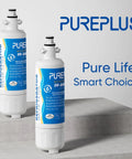 Two PurePlus water filters standing on a counter with the text 'Pure Life, Smart Choice' in the background.