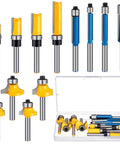 12 Piece Router Bit Set With 4 Flush Trim Bits, 4 Roundover Bits, And 4 Pattern Flush Trim Bits, All With One Quarter Inch Shanks