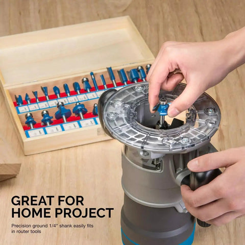 Premium Tungsten Carbide Router Bit Set For Woodworking 24 Piece 1 4 Inch Shank Pro Grade Bits in use with router tool
