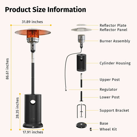 50,000 BTU Outdoor Patio Heater With Round Table Design, Double Layer Stainless Steel Burner, ETL Certified, component diagram