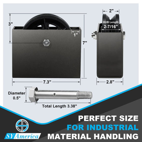 Rock Solid And Built Like A Tank 6X2 Inch Cast Iron V Groove Wheel With Steel Housing, Heavy Duty 1000 Lb Load Bearing Roller For Sliding Gate Tracks, Railroad Rails, Industrial Carts And Machinery, Matte Black, 1 Pack dimensions with measurements and bolt.