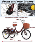 Folding Three Wheel Tricycle Workhorse With Cargo Cabin And Dual Brakes, 20 inch, Wine Red, detailed measurements visible