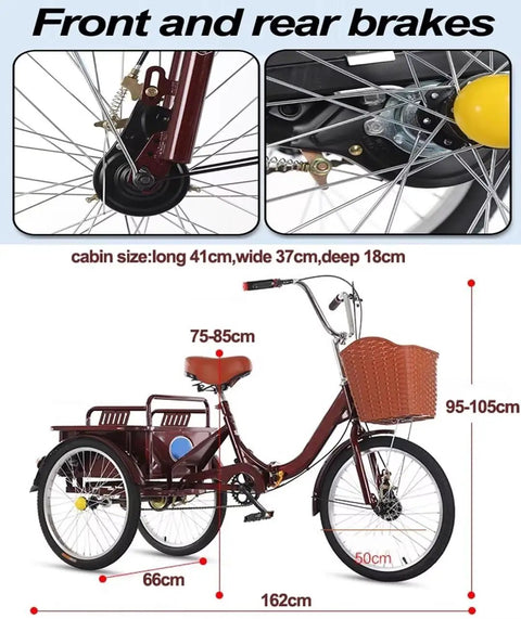 Folding Three Wheel Tricycle Workhorse With Cargo Cabin And Dual Brakes, 20 inch, Wine Red, detailed measurements visible
