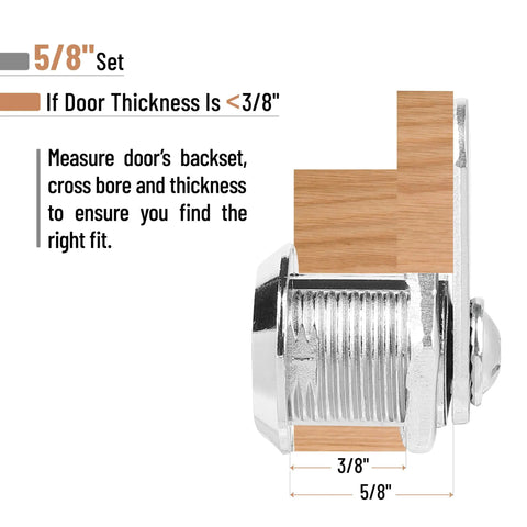 Heavy Duty Zinc Alloy Cam Cabinet Locks 5 8 Inch Throw 3 Pack Keyed Alike Solid Silver Finish, measuring door fit specifications.