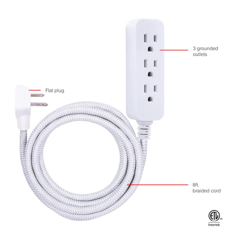 Three Outlet Power Strip With Eight Foot Braided Extension Cord Grounded Surge Protector Flat Plug ETL Listed White Gray Chevron Fabric Cord For Laptops Desktops TVs Gaming Consoles And More Plug In Ready