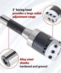 2 Inch Boring Head With R8 Shank Pro Grade Milling Tool Set Nine Piece One Half Inch Carbide Boring Bars For Milling Machines With Seven Sixteenths By Twenty Thread And Micrometer Lead Screw For Ultra Precise Hole Milling, showing alloy steel shank and adjustment range.