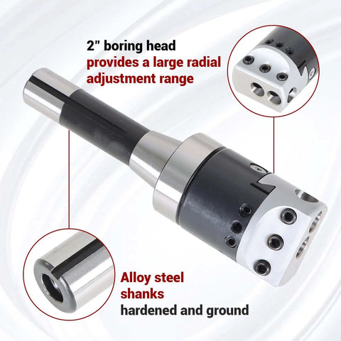 2 Inch Boring Head With R8 Shank Pro Grade Milling Tool Set Nine Piece One Half Inch Carbide Boring Bars For Milling Machines With Seven Sixteenths By Twenty Thread And Micrometer Lead Screw For Ultra Precise Hole Milling, showing alloy steel shank and adjustment range.