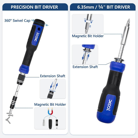 200 In 1 Electronics Repair Screwdriver Kit showing precision bit driver with flexible extension shaft and magnetic bit holder.